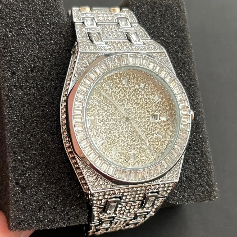 Silver Iced out bust down watch Mens simulated diamonds Stainless Steel